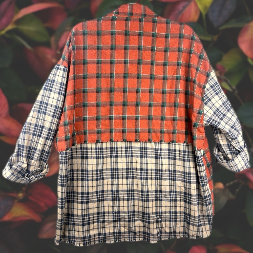Entro Contrast Patchwork Plaid Flannel Button Up … - image 2